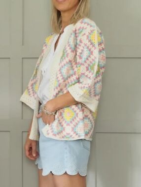 Crochet Open-Front Cardigan in Pastel Multi
